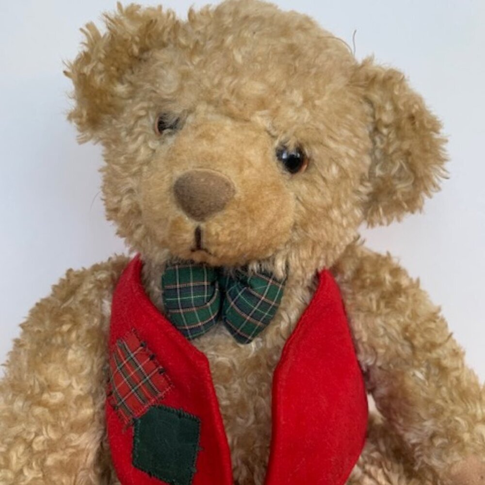 Title: Vintage Hallmark Teddy Bear Red Vest Plaid Bow Plush Stuffed Animal - Picture 3 of 6